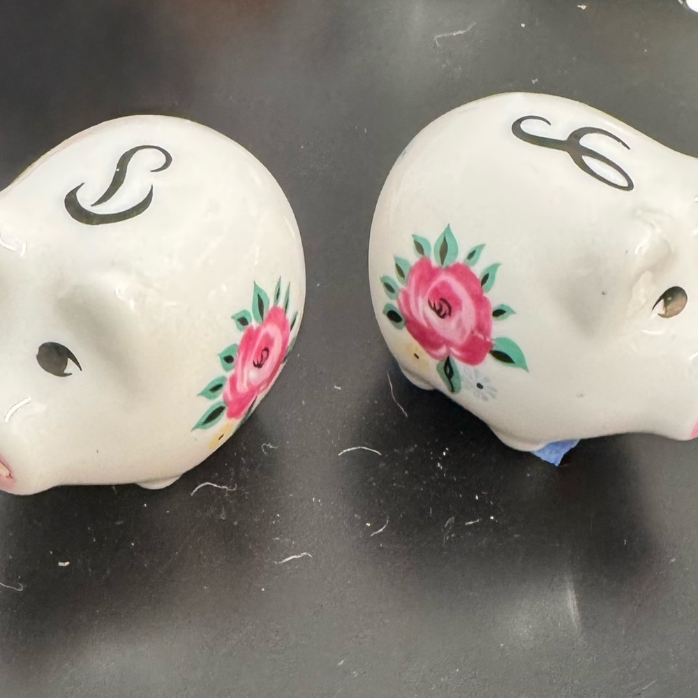 Vintage White Floral Ceramic Pig Salt and Pepper Shakers